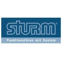 Logo der Firma STURM in Blau mit Slogan Funktions­türen mit System, Türenhersteller