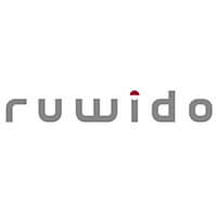 ruwido Schriftzug in grauer, moderner Schrift, Punkt über dem i als rotes Designelement