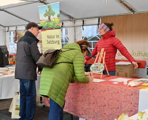 Menschen an Infostand „Natur in Salzburg“, Beratung zu Biodiversität und naturnahem Gärtnern