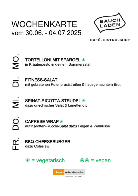 Wochentafel mit vegetarischen und veganen Gerichten von Montag bis Freitag