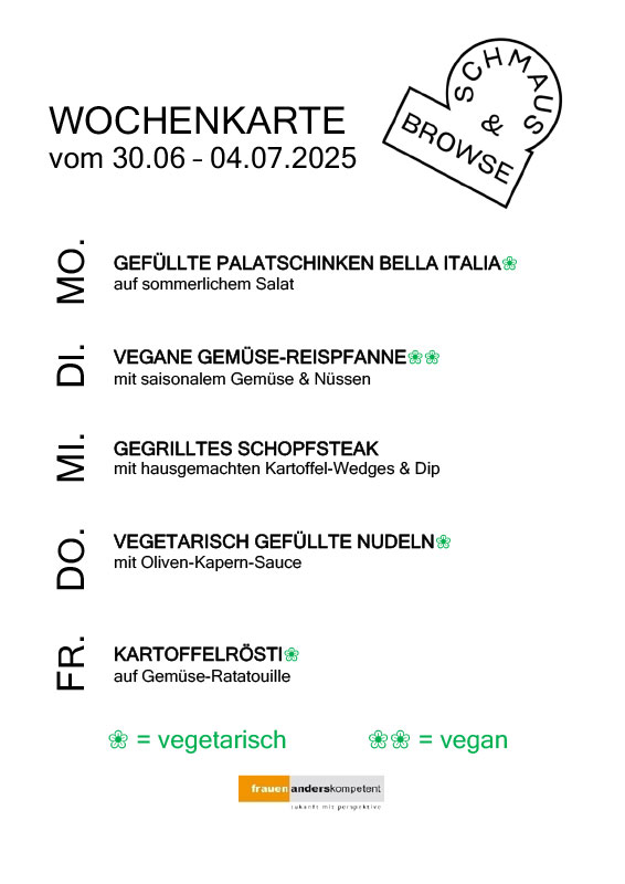 Wochenkarte mit vegetarischen und veganen Gerichten von Montag bis Freitag