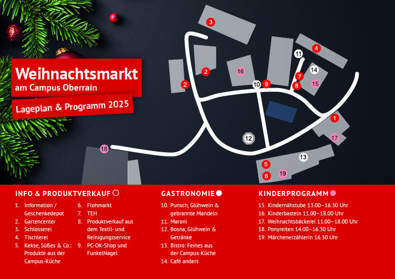 Weihnachtsmarkt Campus Oberrain 2025 Lageplan und Programm des Weihnachtsmarkts am Campus Oberrain 2025